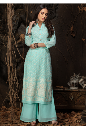 Blue Color Designer Georgette Straight Cut Kurti